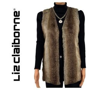 Liz Claiborne Womens Faux Fur Sweater Vest with Knit Back Size S Pockets